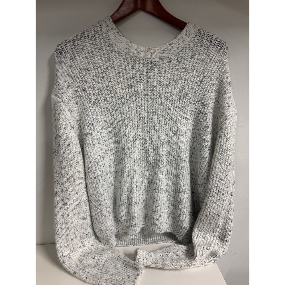 Womens XL Marled Knit Sweater White Blue Speckled Crew Neck Pullover Blue Rain